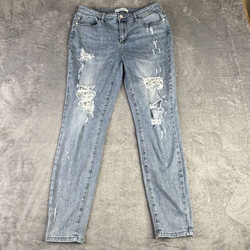 Judy Blue Jeans Womens 13 Distressed Skinny‎ Light Wash Denim Lace Patch Ripped